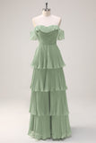Eucalyptus A-Line Off The Shoulder Tiered Pleated Floor Length Bridesmaid Dress