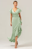 A Line V Neck Asymmetrical Dark Green Bridesmaid Dress with Ruffle Slit