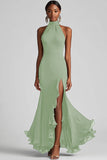 Halter Neck Ruffles Mermaid Black Maxi Formal Dress with Slit