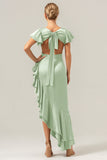 A Line V Neck Asymmetrical Dark Green Bridesmaid Dress with Ruffle Slit