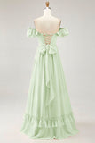 Dusty Sage A-line Off The Shoulder Chiffon Long Bridesmaid Dress with Slit