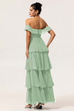 A-Line Off The Shoulder Tiered Ruched Chiffon Long Eucalyptus Bridesmaid Dress