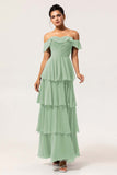 A-Line Off The Shoulder Tiered Ruched Chiffon Long Eucalyptus Bridesmaid Dress