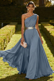 One Shoulder Olive A Line Long Wedding Guest Dress