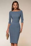 Navy Bateau Neck Bodycon Work Dress With Slit