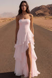 Strapless Ivory A Line Ruffled Long Wedding Dress with Slit