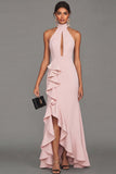 Black Halter Long Evening Dress With Ruffle Slit
