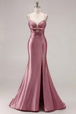 Mermaid Satin Fuchsia Ruched Spaghetti Straps Long Prom Dress with Slit