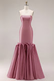 Mermaid Fuchsia Satin Strapless Long Prom Dress with 3D Flowers