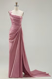 One Shoulder Green Ruched Satin Sheath Long Prom Dress with Slit