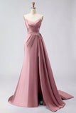Royal Blue A Line Beaded Strapless Ruched Long Prom Dress with Slit