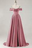 Blue Off the Shoulder A Line Satin Bridesmaid Dress