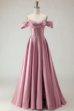 Off the Shoulder Satin Purple A Line Prom Dress