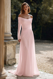 Off The Shoulder Long Sleeve Ivory Engagement Dress With Pleats