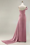 One Shoulder Green Ruched Satin Sheath Long Prom Dress with Slit