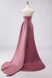 Royal Blue A Line Beaded Strapless Ruched Long Prom Dress with Slit