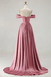 Blue Off the Shoulder A Line Satin Bridesmaid Dress