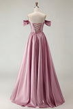 Off the Shoulder Satin Purple A Line Prom Dress