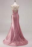 Mermaid Satin Fuchsia Ruched Spaghetti Straps Long Prom Dress with Slit