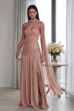 Strapless Ruched A Line Dusty Sage Evening Dress with Slit
