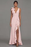 Dark Green Bow Ruffle V-Neck Evening Dress With Slit