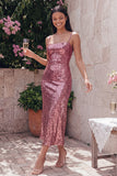 Sparkly Sheath Gold Spaghetti Straps Midi Dress