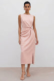 Orange Bateau Neck Sheath Ruched Midi Work Dress With Slit
