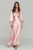 Champagne Long Sleeve V Neck Satin Formal Dress