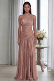 Gold One Shoulder Ruched A Line Evening Dress