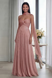 Strapless Sky Blue Ruched A Line Evening Dress