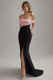 Elegant Off the Shoulder Black and White Evening Dress with Slit