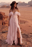 Off the Shoulder Ruffle A Line Ivory Long Wedding Dress with Slit
