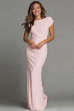 Navy Sheath Short Sleeve Bateau Neck Long Formal Dress
