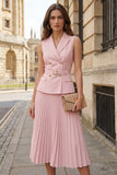Peaked Lapel A Line 2 Piece Ivory Work Dress with Belt