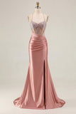 Mermaid Corset Beaded Pink Satin Prom Dress
