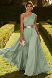 One Shoulder Olive A Line Long Wedding Guest Dress