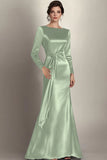 Black Mermaid Long Sleeves Satin Ruched Long Mother of the Bride Dress