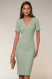 Navy V-Neck Pencil Short Sleeve Knee-Length Work Dress With Back Slit