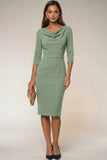 Navy 3/4 Sleeves Cowl Neck Pencil Midi Work Dress
