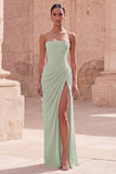 Light Pink Strapless Ruched Sheath Prom Dress with Slit