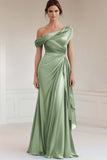 Grey Blue One Shoulder Satin Ruched Formal Dress with Ruffles