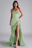 Black Mermaid Strapless Ruffled Formal Dress With Slit