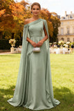 Dark Green One Shoulder Evening Dress With Overlay