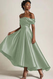 Olive Off the Shoulder Ruched A-Line Mother of the Bride Dress