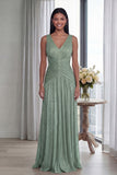 Ruched Dusty Rose A Line V Neck Evening Dress