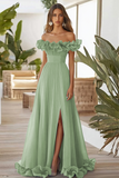 Off The Shoulder Blue A Line Formal Dress With Slit