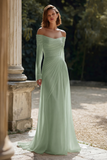 Off The Shoulder Long Sleeve Ivory Engagement Dress With Pleats
