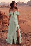 Off the Shoulder Ruffle A Line Ivory Long Wedding Dress with Slit