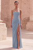 Light Pink Strapless Ruched Sheath Prom Dress with Slit