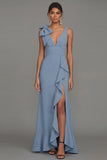 Dark Green Bow Ruffle V-Neck Evening Dress With Slit